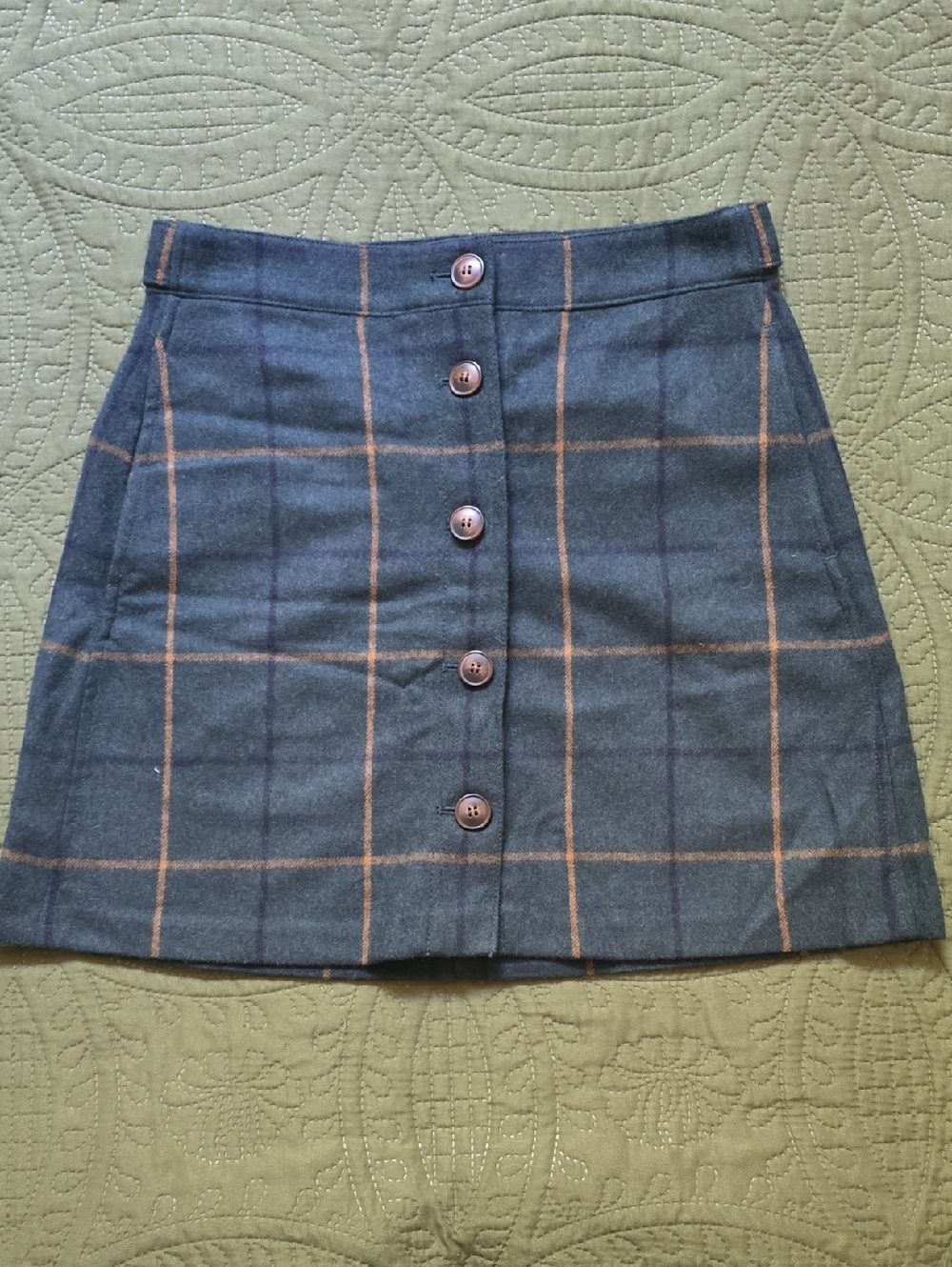 Madewell Plaid Button-Front Wool-Blend Skirt in Green